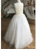 Beaded Ivory Lace Tulle Long Flower Girl Dress